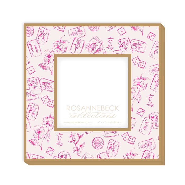 Handpainted Mahjong Toile Pink Frame 4x4 Gold