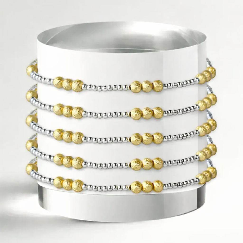 Silver Beaded Bracelets-Trio, Mixed Metals, Gilded Stretch