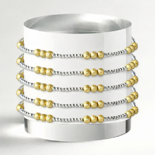 Silver Beaded Bracelets-Trio, Mixed Metals, Gilded Stretch