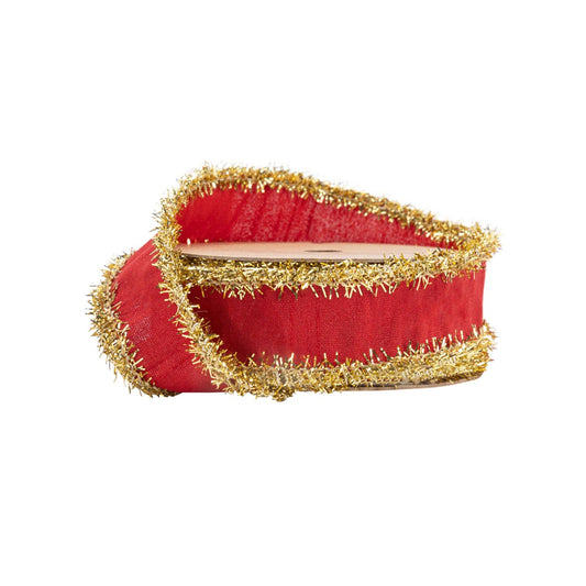 Wired Dupioni Ribbon Red with Gold Tinsel Edging 10yd
