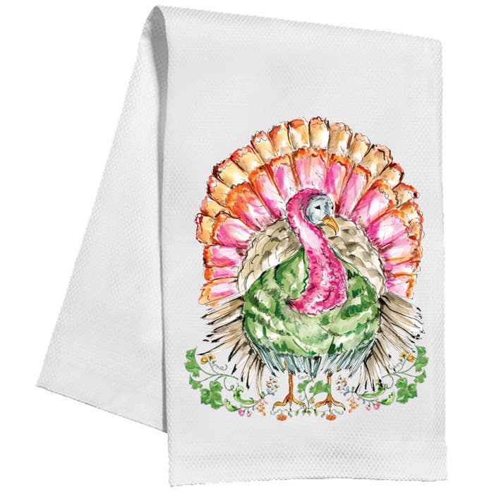 Handpainted Pink and Green Standing Turkey Kitchen Towel