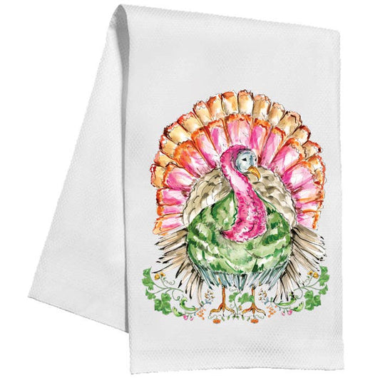 Handpainted Pink and Green Standing Turkey Kitchen Towel