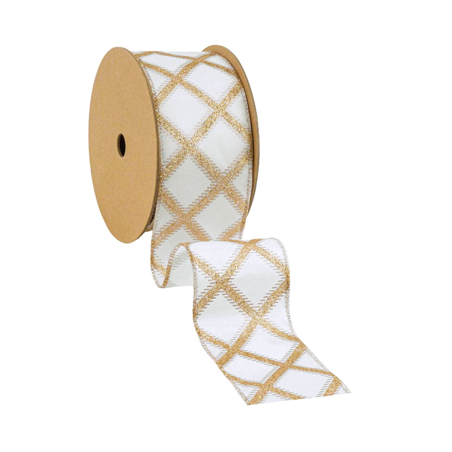 Gold Glitter Diamonds Wired Ribbon on Ivory, 10 Yard Roll