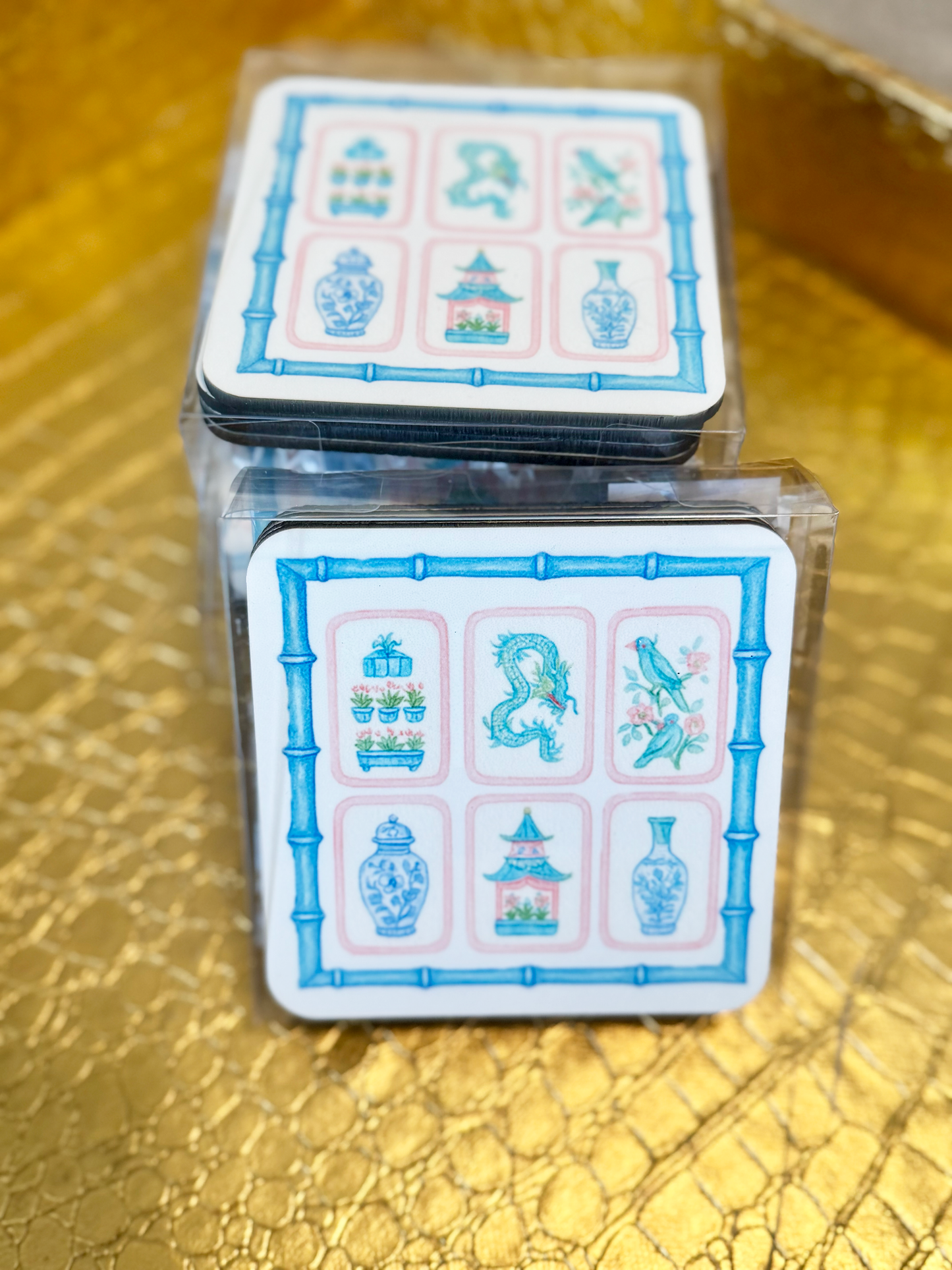 Chinoiserie Pastel Mahjong Corkwood Coasters | Set of 4