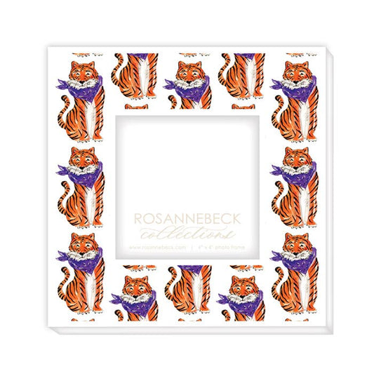 White Handpainted Tiger with Purple Bandana 4x4 Frame