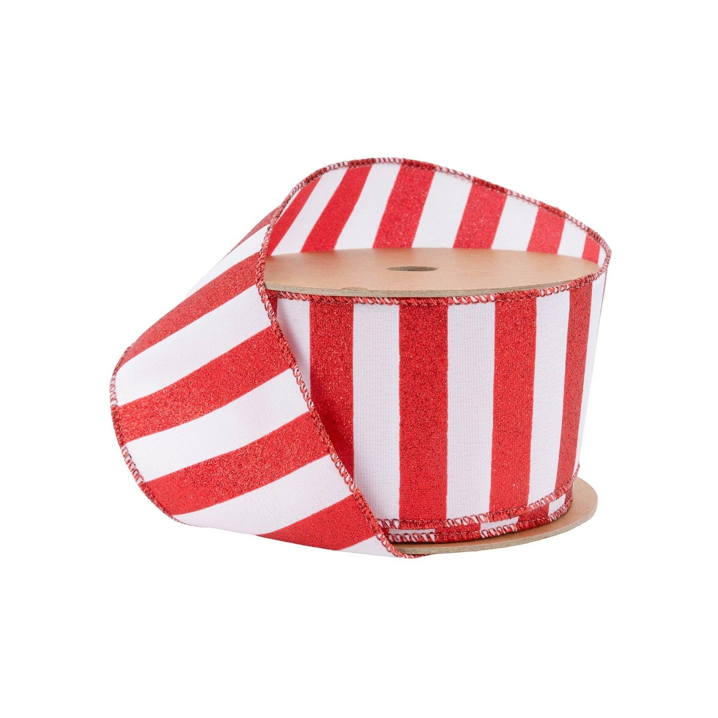 Red Glittered Stripes on White Wired Ribbon, 10 Yard Roll