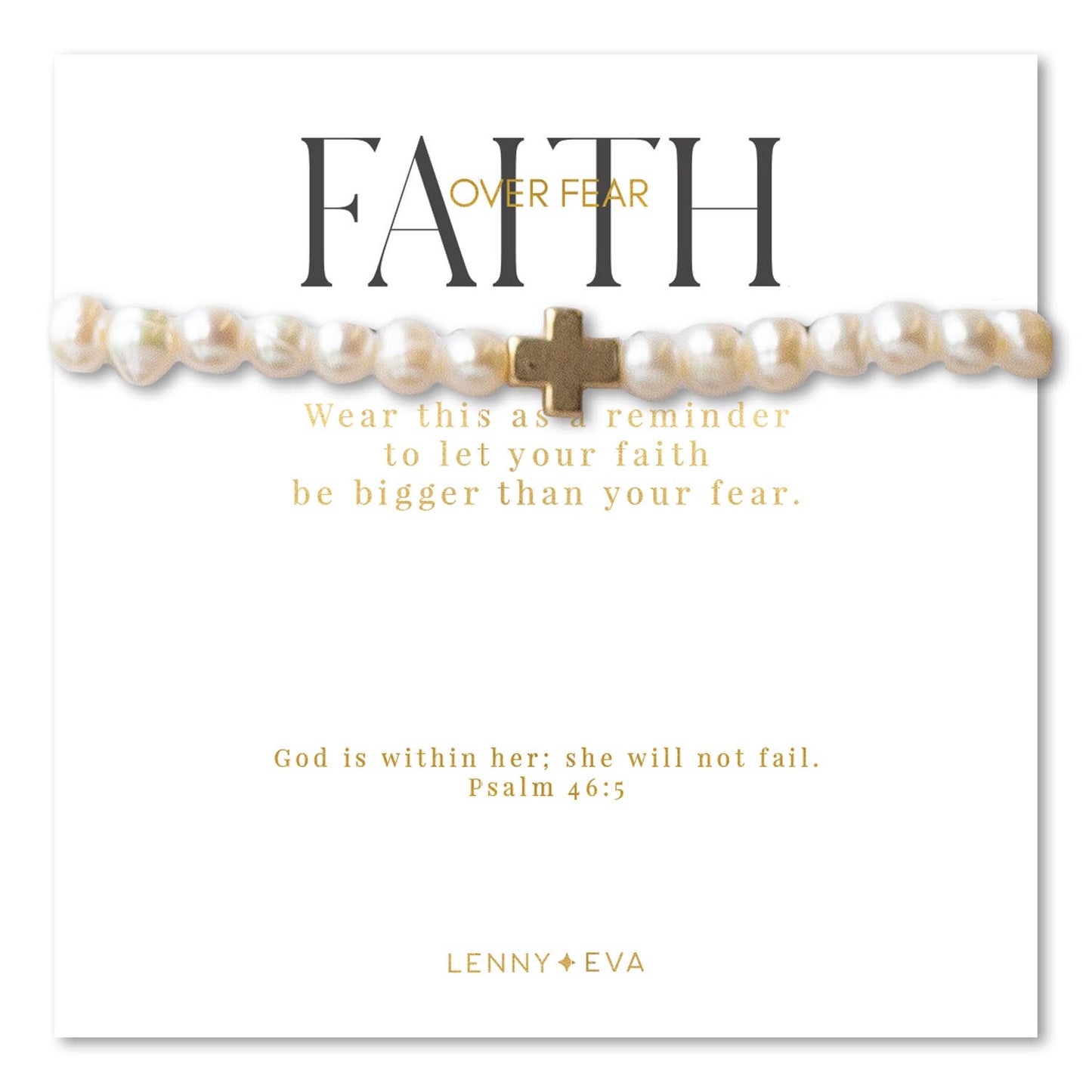 Faith Over Fear Gold Cross Bracelet,6mm-Pearl Beads