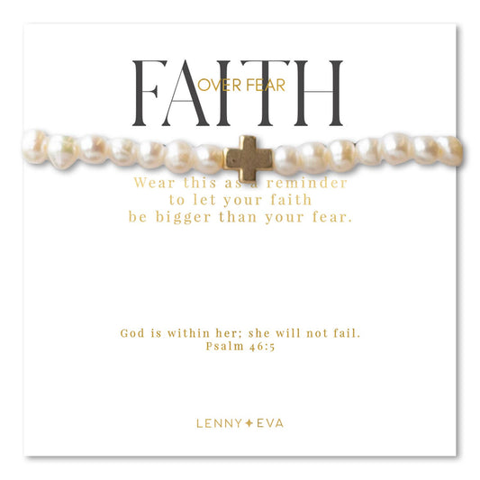 Faith Over Fear Gold Cross Bracelet,6mm-Pearl Beads