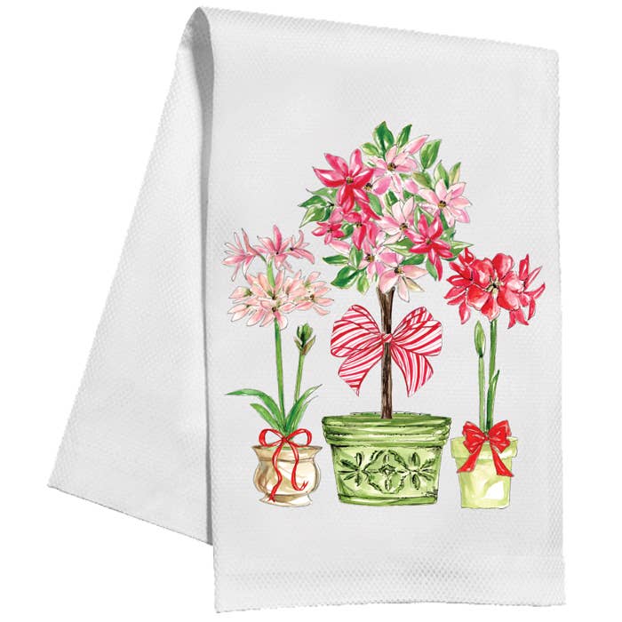 Red Green Poinsettias and Topiary with Bows Kitchen Towel