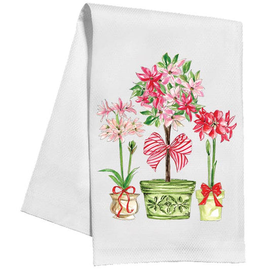 Red Green Poinsettias and Topiary with Bows Kitchen Towel