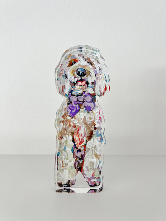 "Golden Doodle purple bow" acrylic shelfie