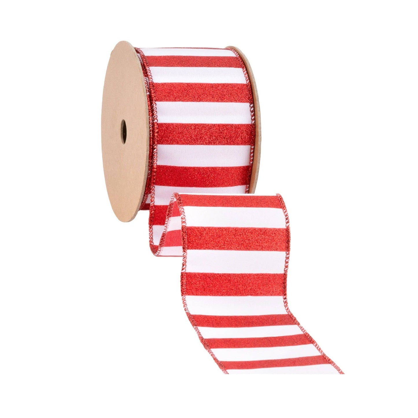 Red Glittered Stripes on White Wired Ribbon, 10 Yard Roll