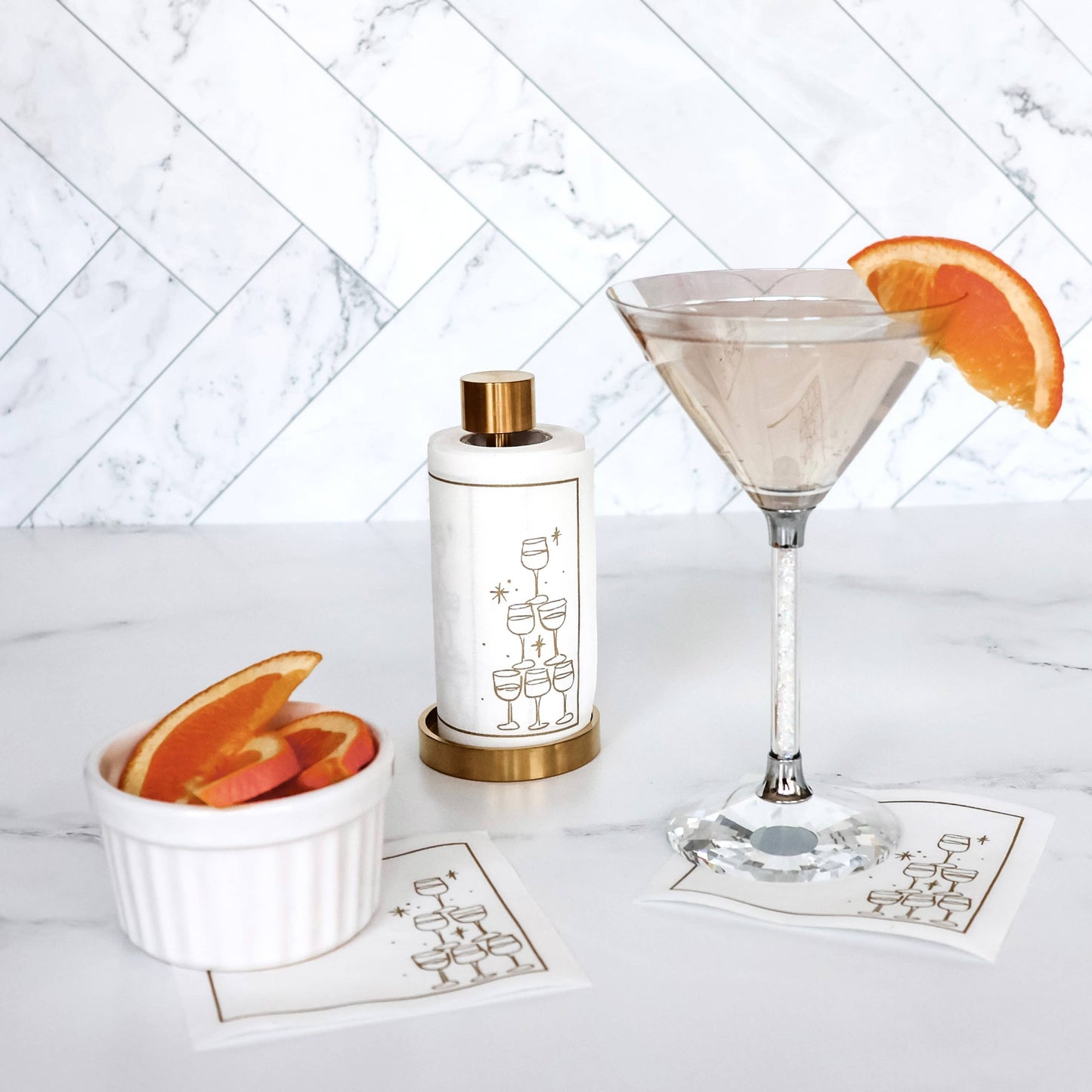 Cotton Cocktail Napkin Roll: Golden Bubbles (White w/ Gold)