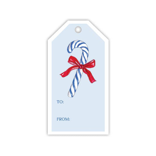 Blue Handpainted Candy Cane with Red Bow Gift Tag