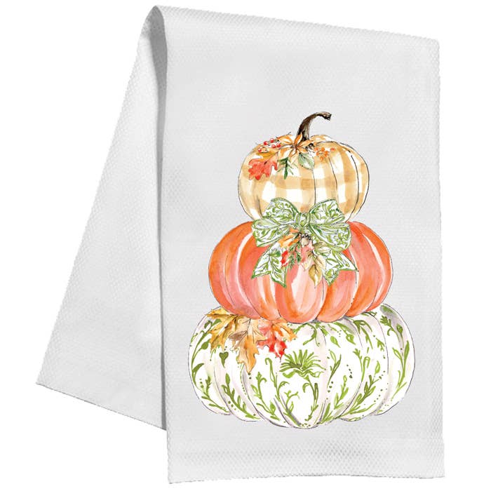 Green Chinoiserie Pumpkin Stack with Green Bow Kitchen Towel