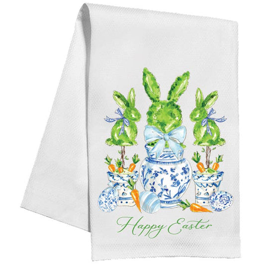 Bunny Topiaries inChinoiserie Pots and Carrots Kitchen Towel