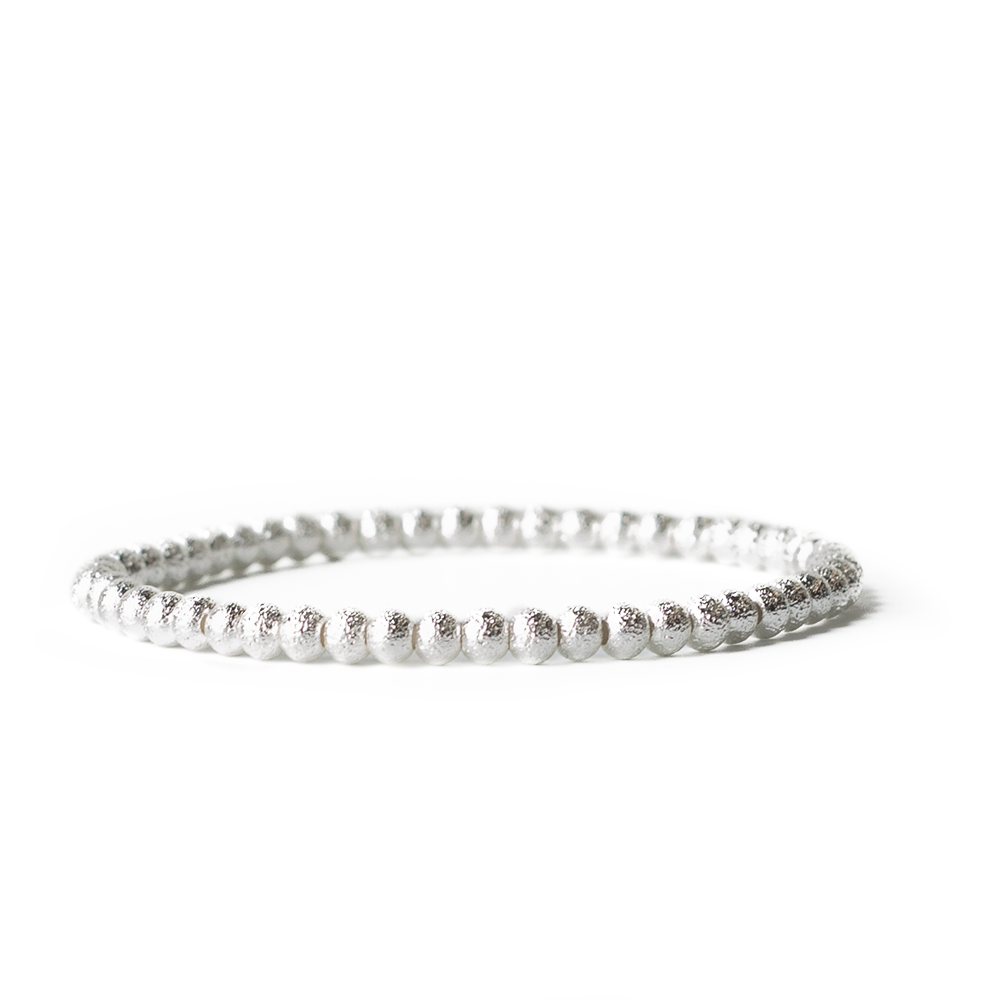 Silver Beaded Bracelets-4mm, Textured, Stretch, Long Wear