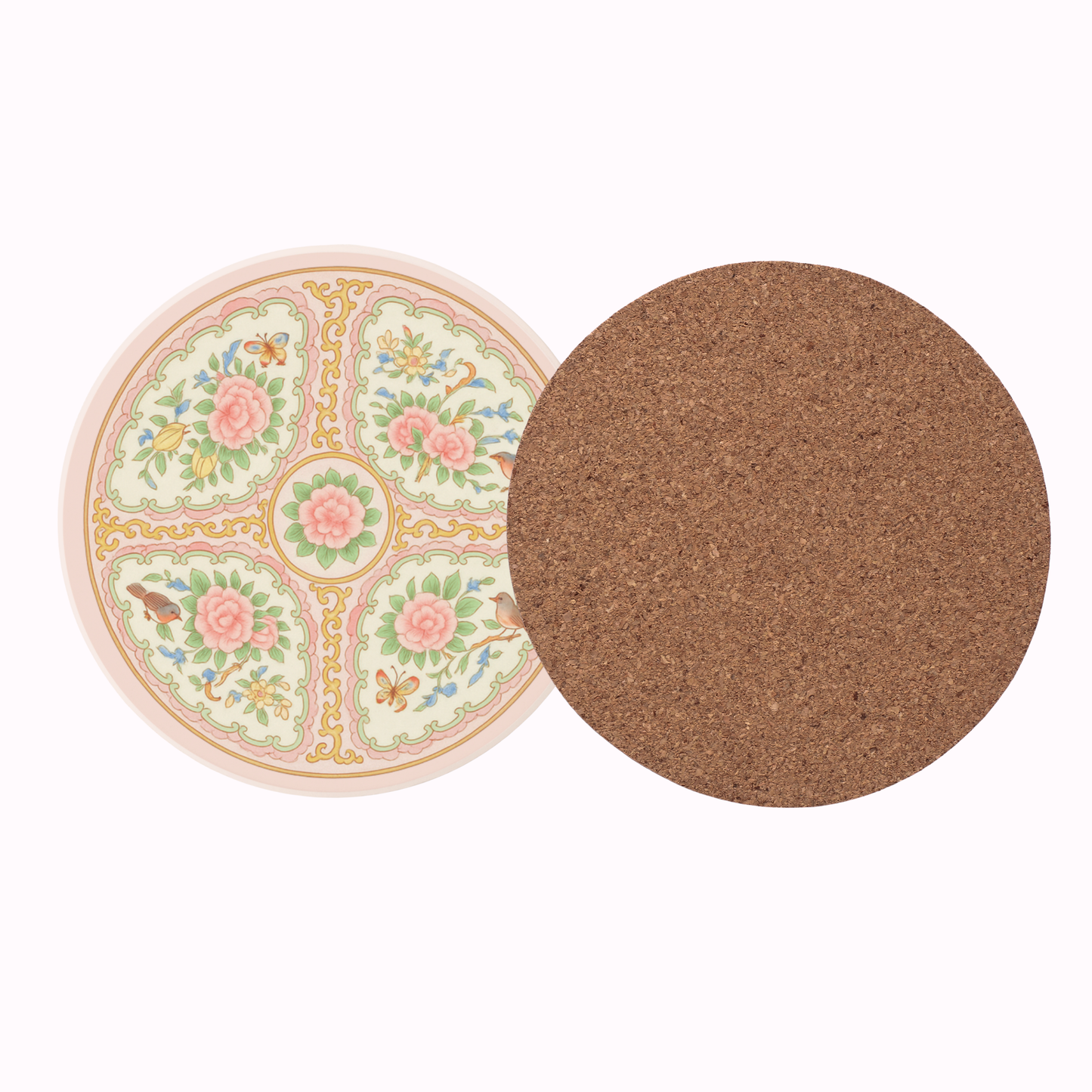 Pink Antique Rose Floral Cork Back Coaster Set of 2