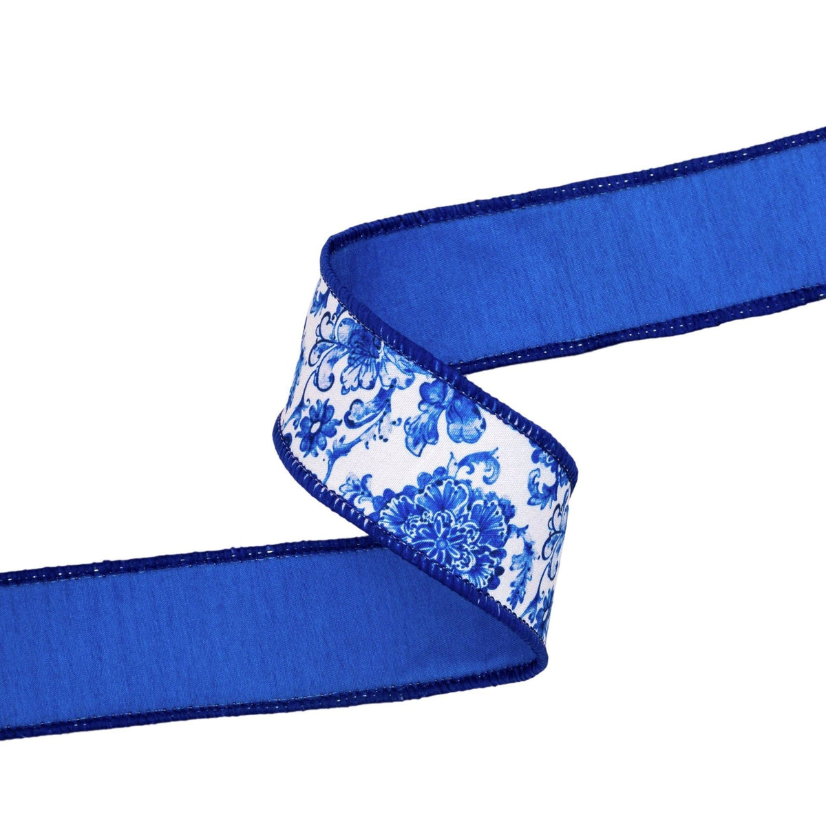1 1/2" Wired Dupioni Ribbon | Blue and White Floral w/ Blue Backing | 10 Yard Roll