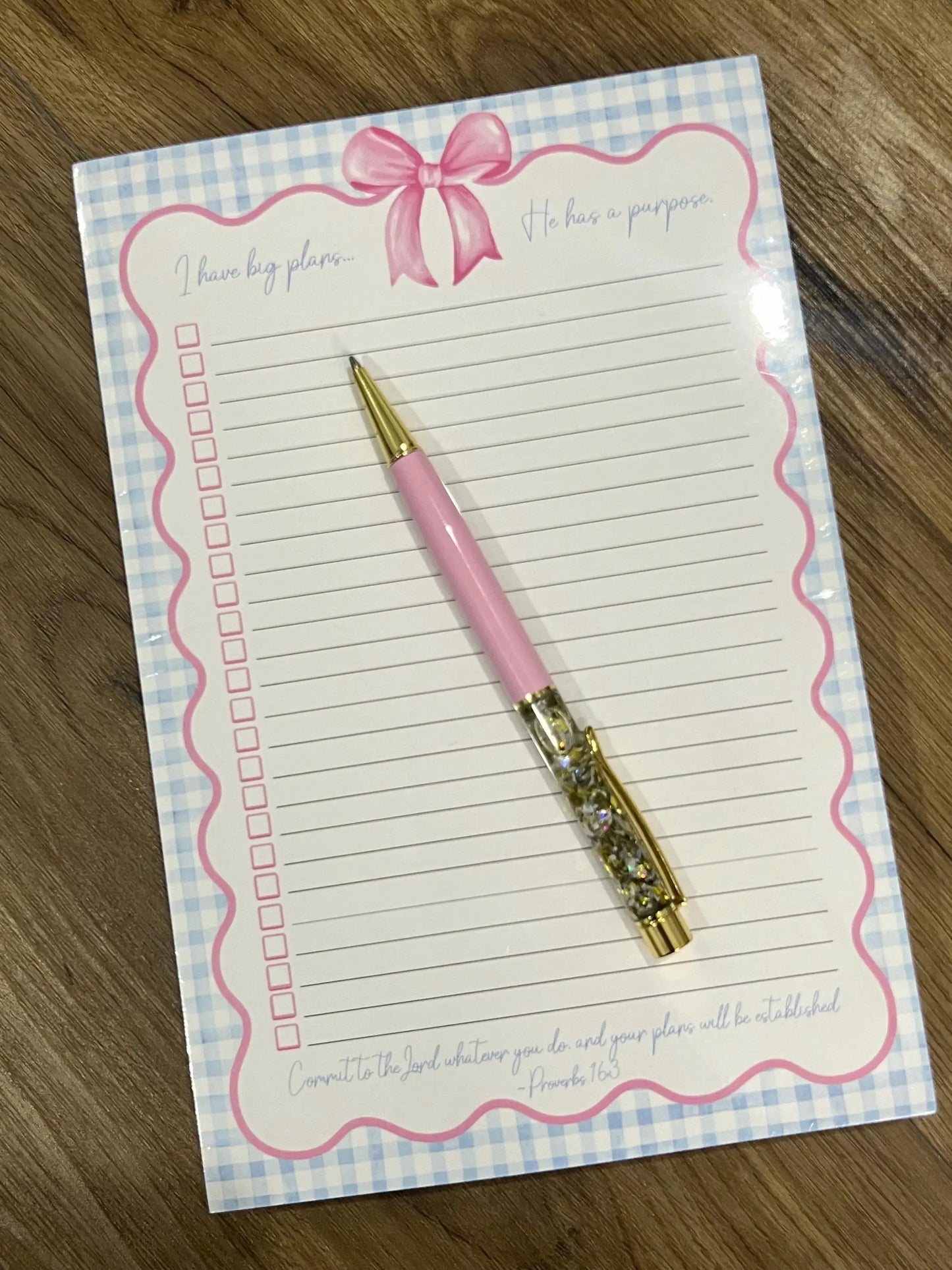 Blue Gingham Pink Bow Scripture Notepad To Do List 6x9
