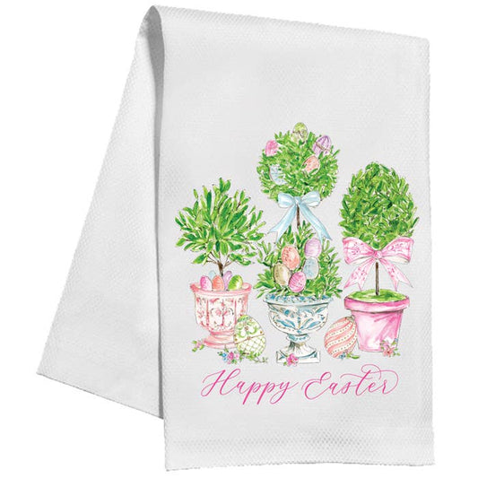 Happy Easter Topiaries in Pots with Eggs Kitchen Towel