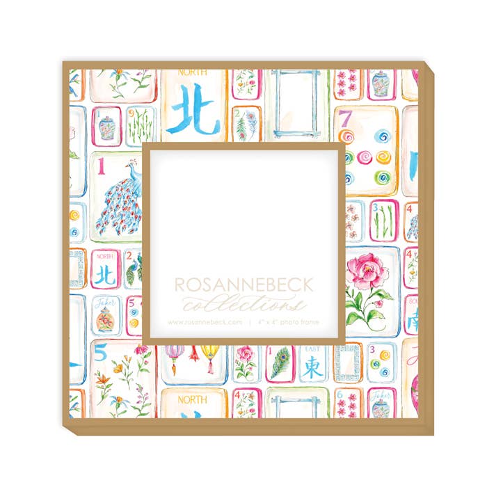 Colorful Mahjong Tile Flowers & BirdsFrame 4x4-Gold