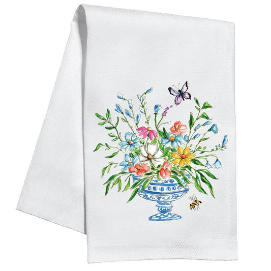 Handpainted Floral Arrangement Blue Kitchen Towel