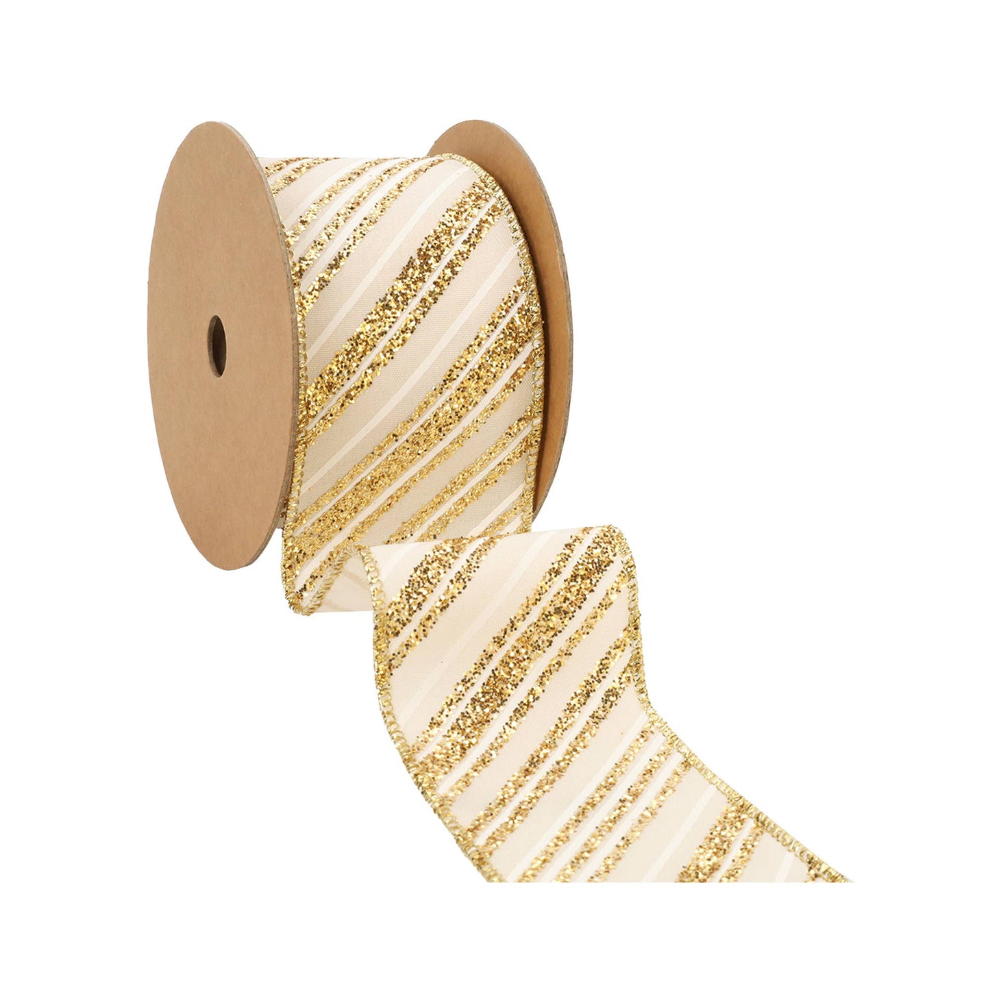 2 1/2" Wired Ribbon | "Glitter Striped" Antique White/Gold | 10 Yard Roll