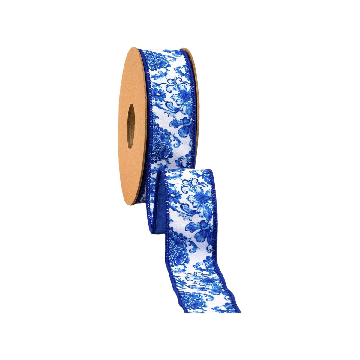 1 1/2" Wired Dupioni Ribbon | Blue and White Floral w/ Blue Backing | 10 Yard Roll