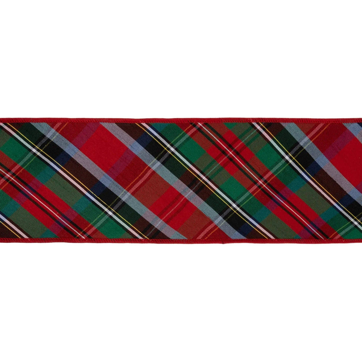 4" Wired Dupioni Ribbon | Bias Cut Traditional Christmas Plaid Red/Green/Blue w/ Blue Backing | 10 Yard Roll