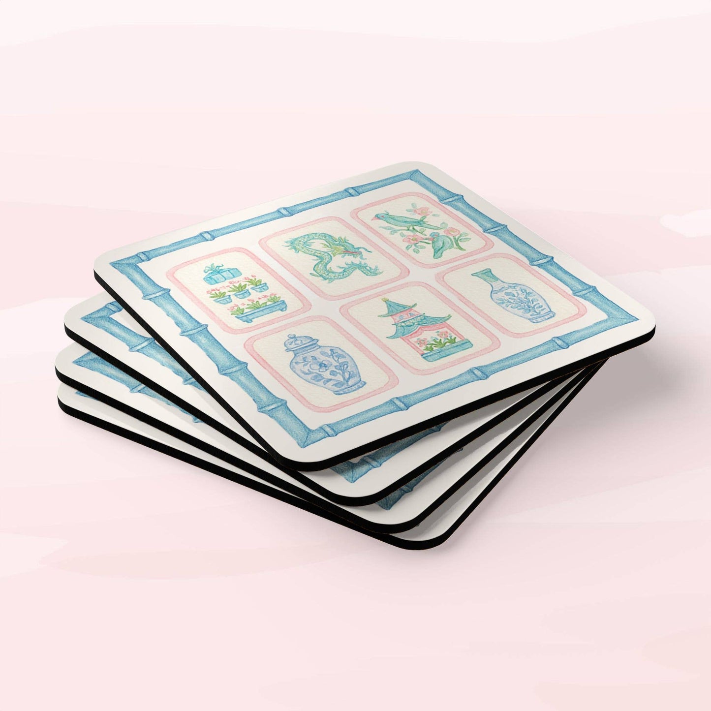 Chinoiserie Pastel Mahjong Corkwood Coasters | Set of 4