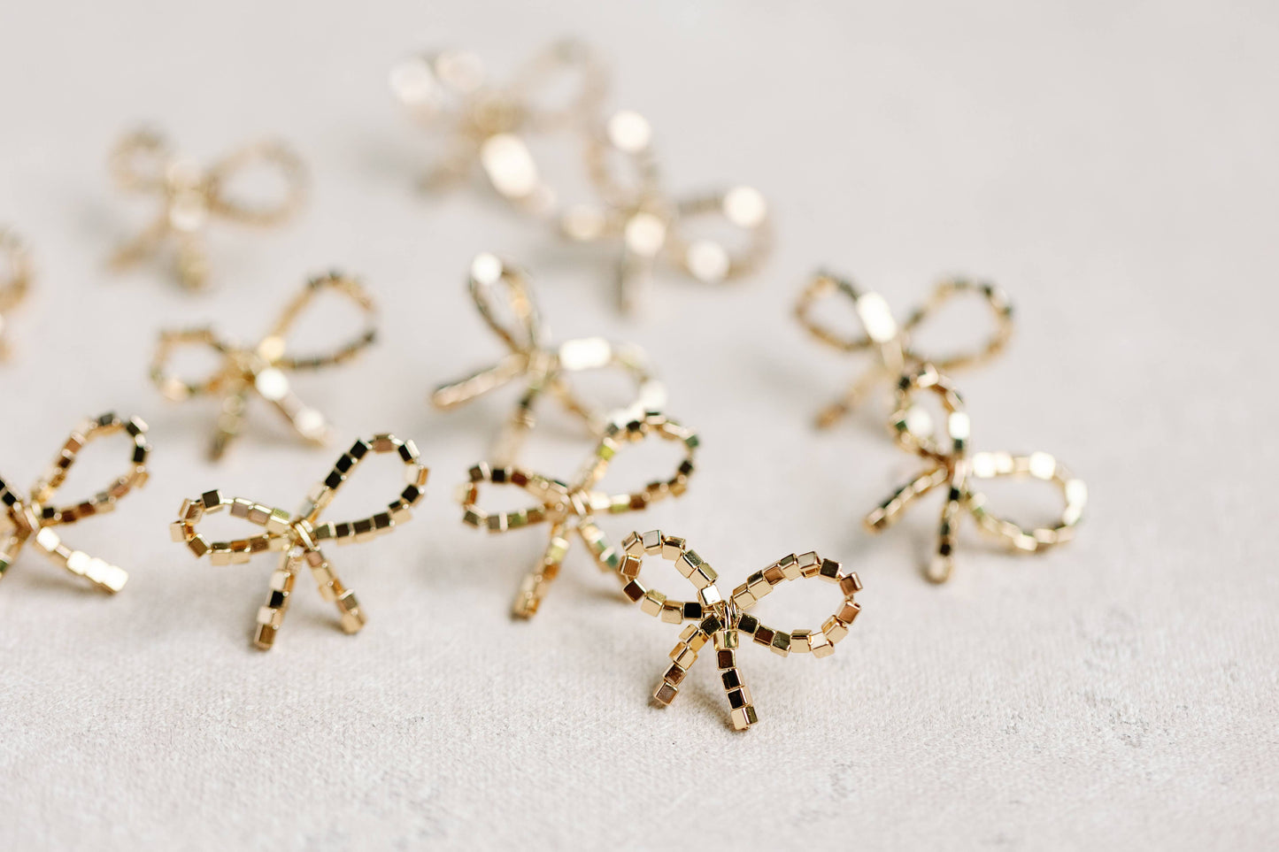 Mini Gold Beaded Bow Holiday Statement Earrings