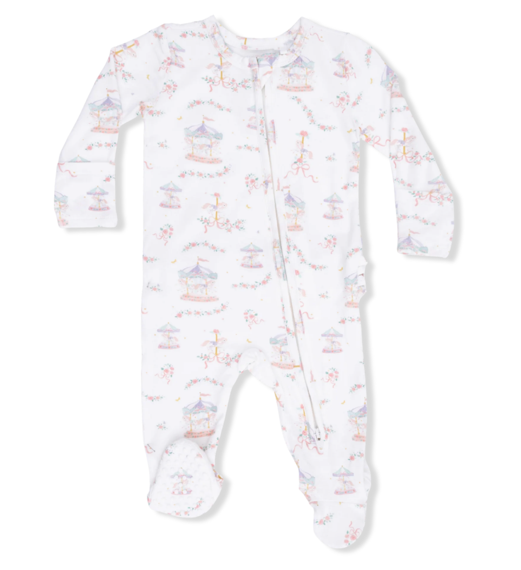 Carousel with Bows - 2 Way Ruffle Back Zipper Footie