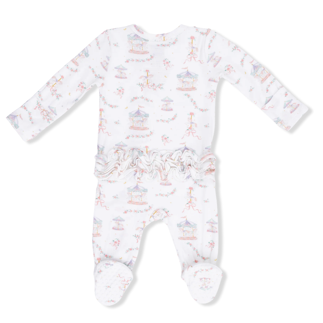 Carousel with Bows - 2 Way Ruffle Back Zipper Footie