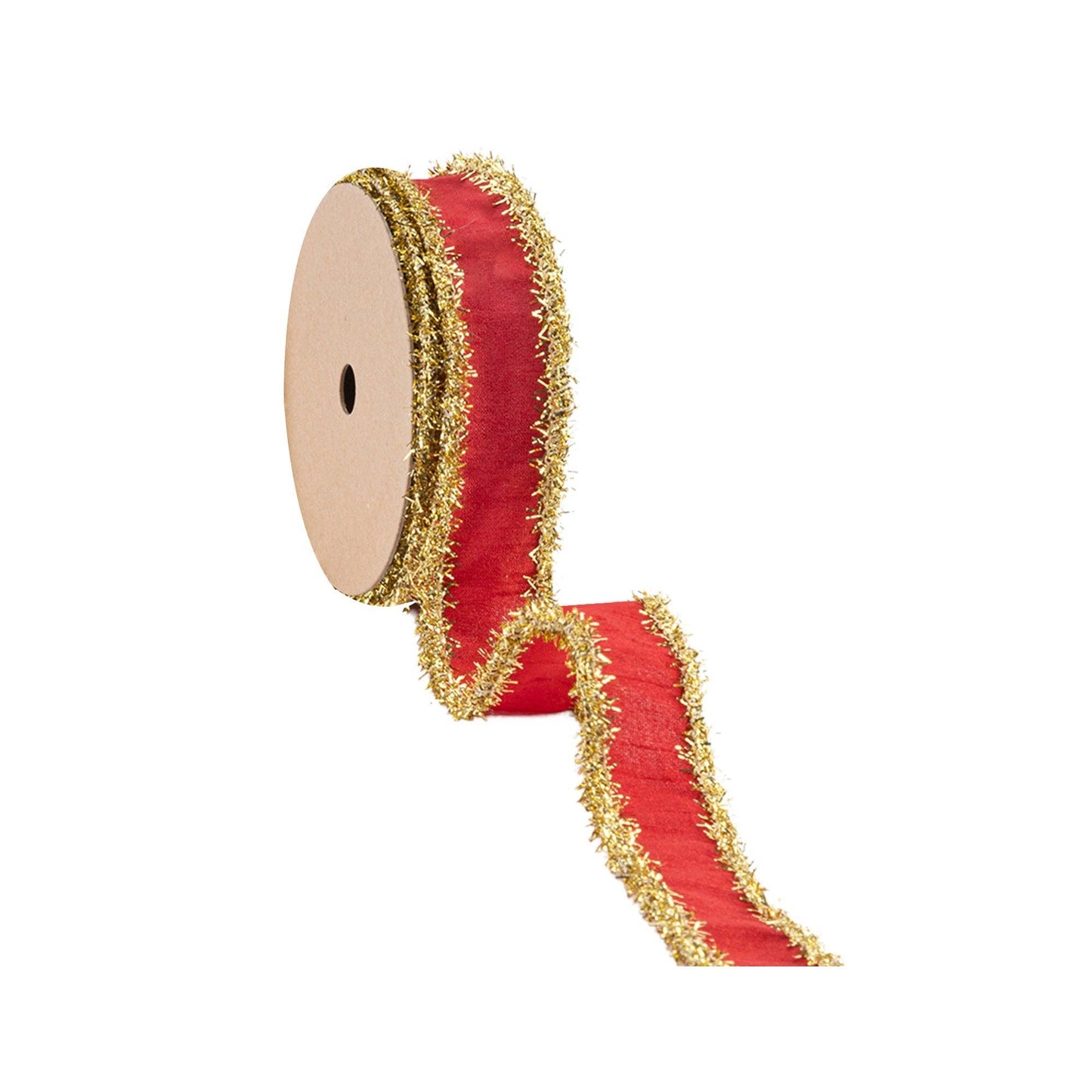 Wired Dupioni Ribbon Red with Gold Tinsel Edging 10yd