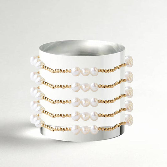 Gilded Gold Beaded Stretch Bracelets, Trio, Pearl