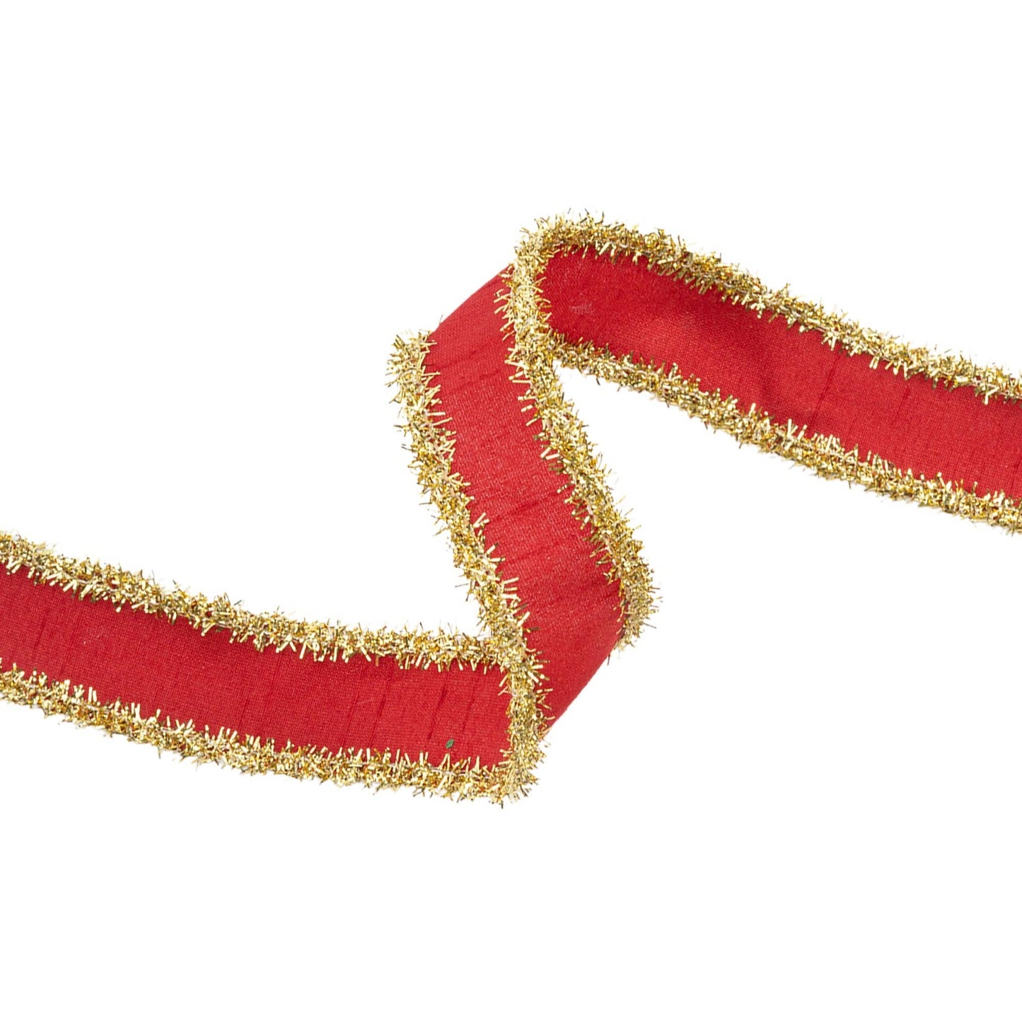 Wired Dupioni Ribbon Red with Gold Tinsel Edging 10yd