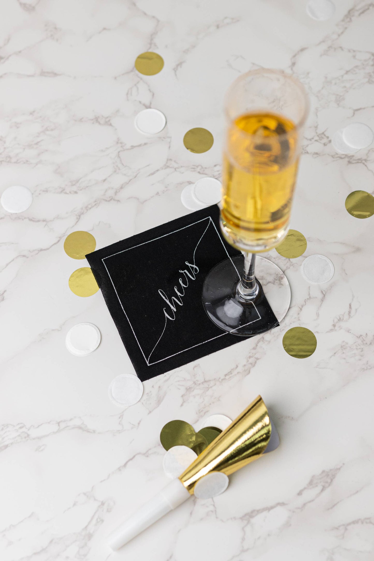 Cotton Cocktail Napkin Roll: Midnight Toast -Silver "Cheers"