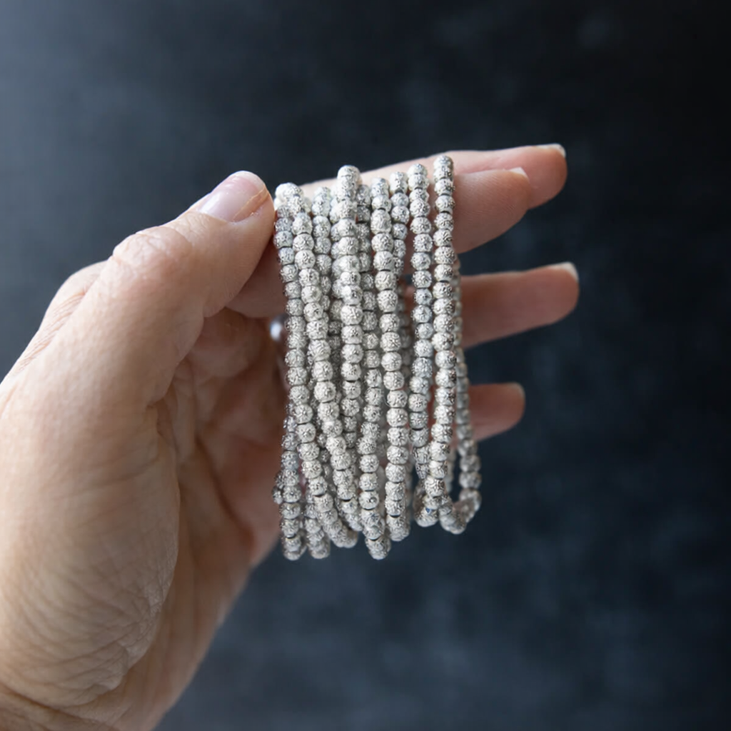 Silver Beaded Bracelets-4mm, Textured, Stretch, Long Wear