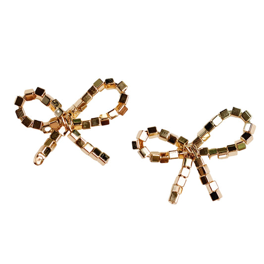 Mini Gold Beaded Bow Holiday Statement Earrings
