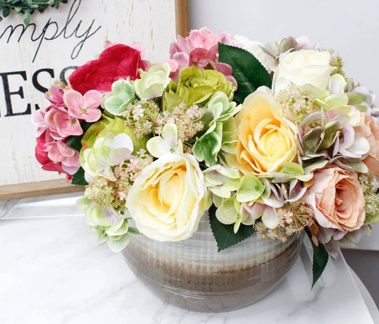 12"-Rose Hydrangea Pre-tied bouquet Faux Flowers