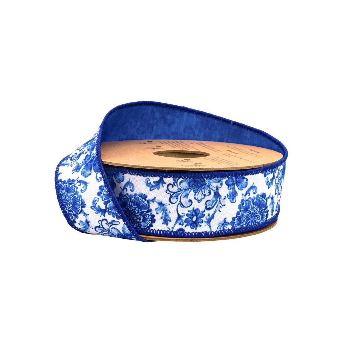 1 1/2" Wired Dupioni Ribbon | Blue and White Floral w/ Blue Backing | 10 Yard Roll