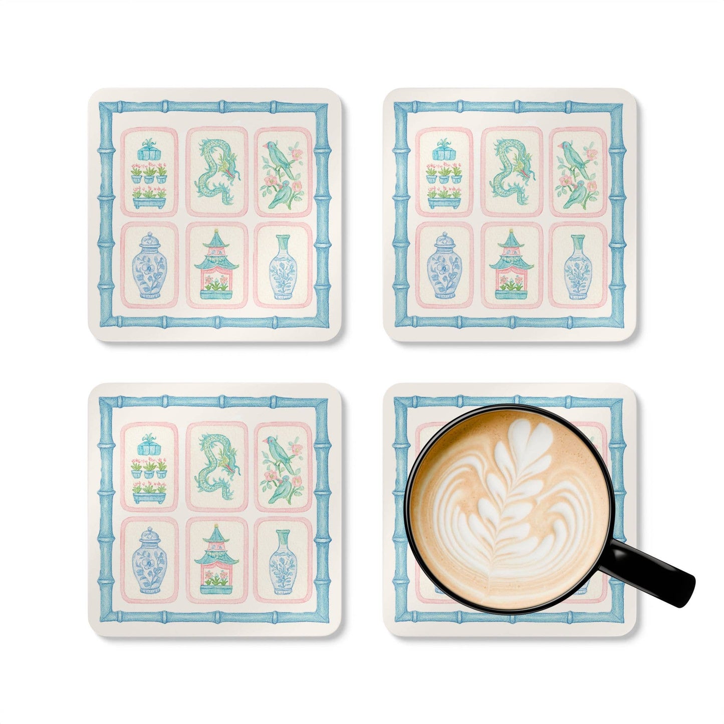 Chinoiserie Pastel Mahjong Corkwood Coasters | Set of 4