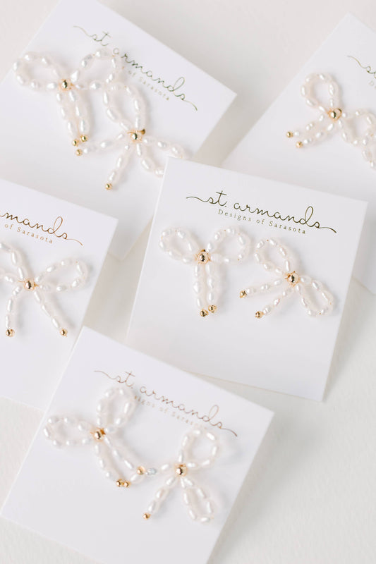 Petite Pearl Bow Stud Holiday Earrings