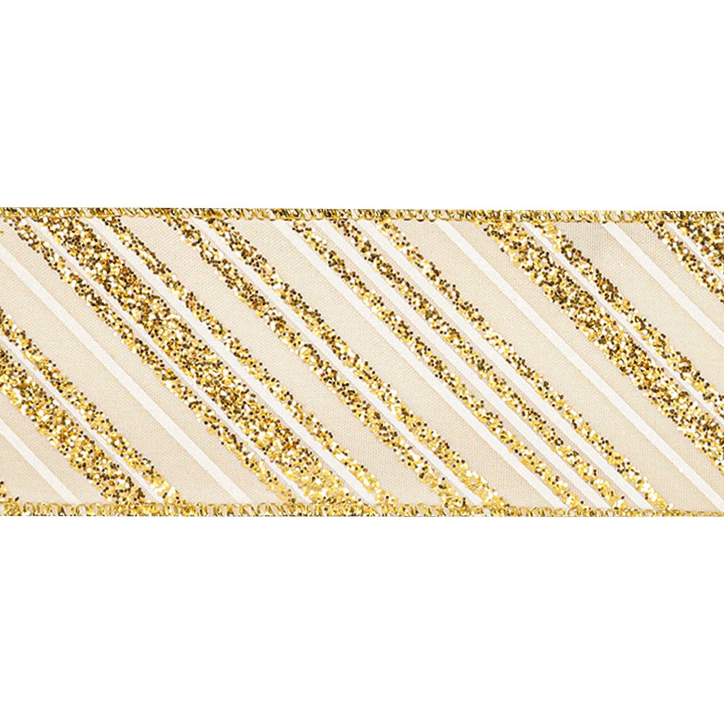 2 1/2" Wired Ribbon | "Glitter Striped" Antique White/Gold | 10 Yard Roll