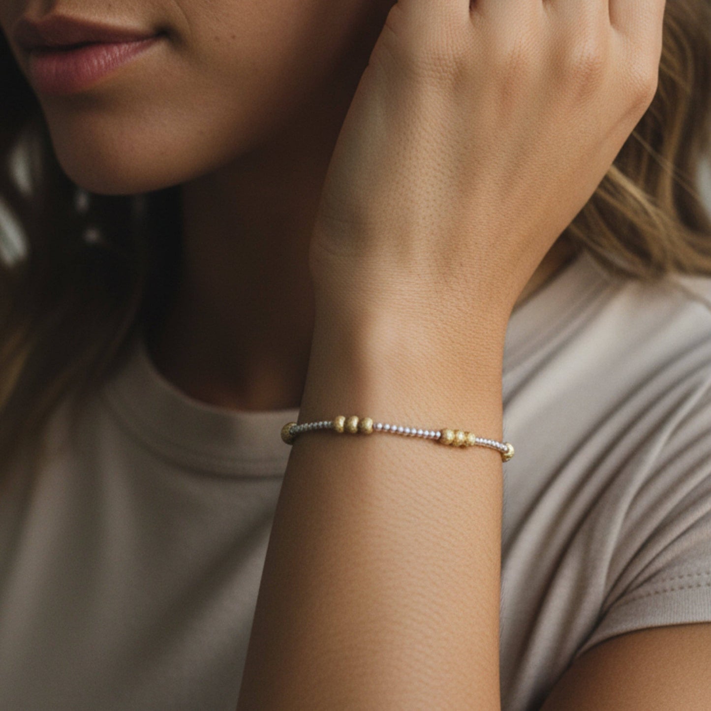 Silver Beaded Bracelets-Trio, Mixed Metals, Gilded Stretch