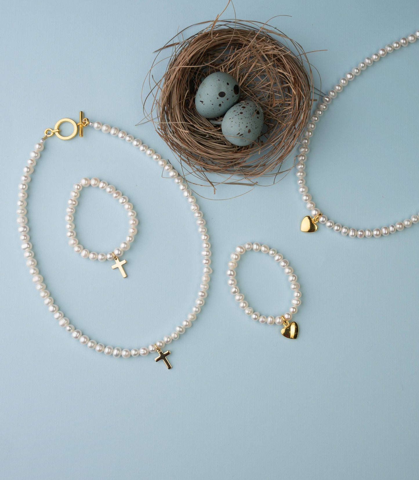 Baby Bird Pearl Bracelet with Cross