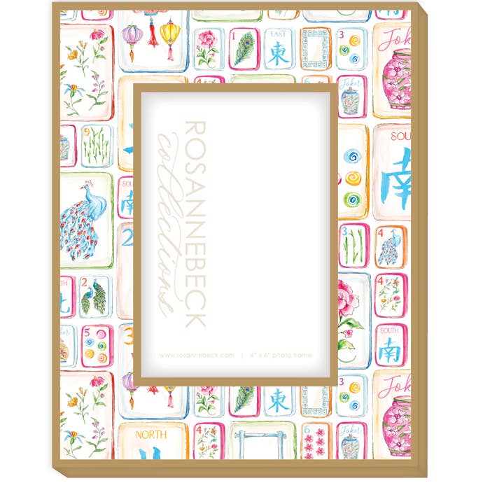 Colorful Mahjong Tile Flowers and BirdsFrame 4x6-Gold