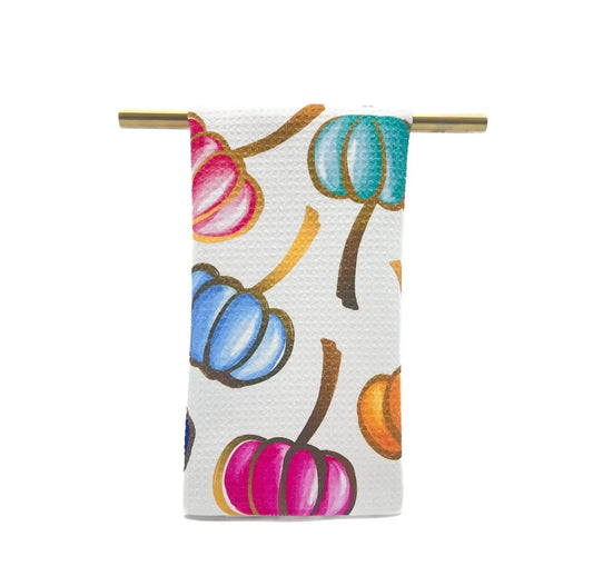 Colorful Falling Pumpkins Tea Towel