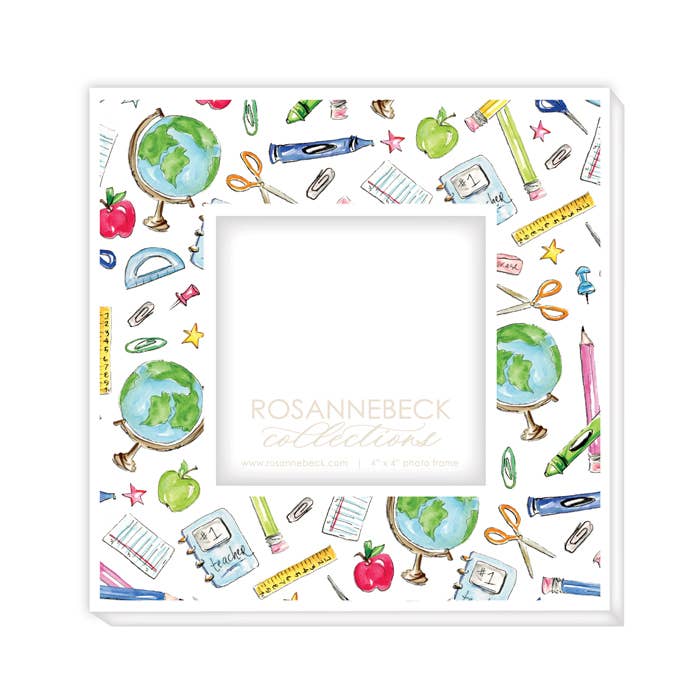 School Icons Pattern Globe School Supplies Frame 4x4-White